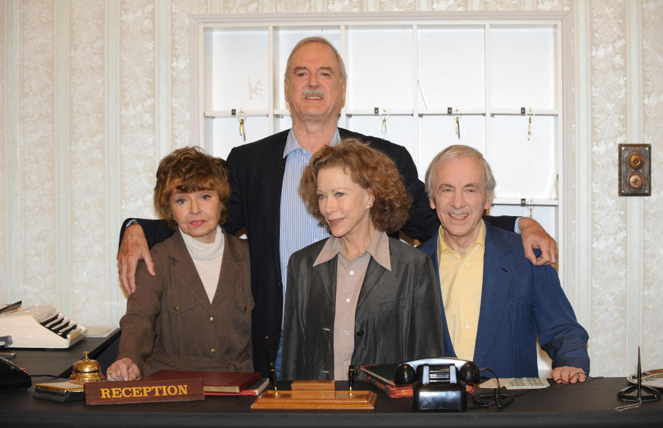 Prunella Scales, John Cleese, Connie Booth and Andrew Sachs are seen promoting two Fawlty Towers specials created to commemorate the 30 years Fawlty Towers Anniversary.   (Photo by Ian West - PA Images/PA Images via Getty Images)