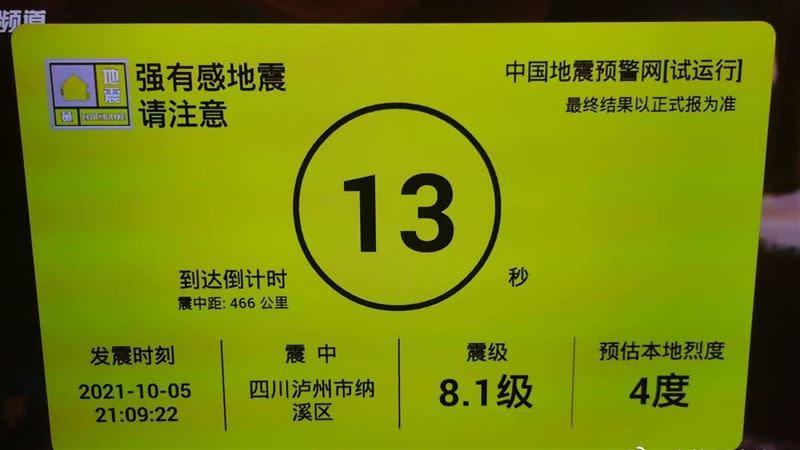 中國四川地震局5日晚間發出8.1強震的預警。（圖／翻攝自付亮的競爭情報應用微博）