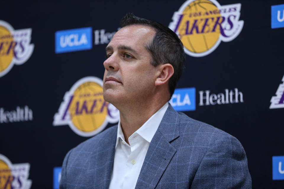 EL SEGUNDO, CA - JULY 13: Coach Frank Vogel during the presentation as new player of Los Angeles Lakers on July 13, 2019, at UCLA Health Training Center in El Segundo, CA.(Photo by Jevone Moore/Icon Sportswire via Getty Images)