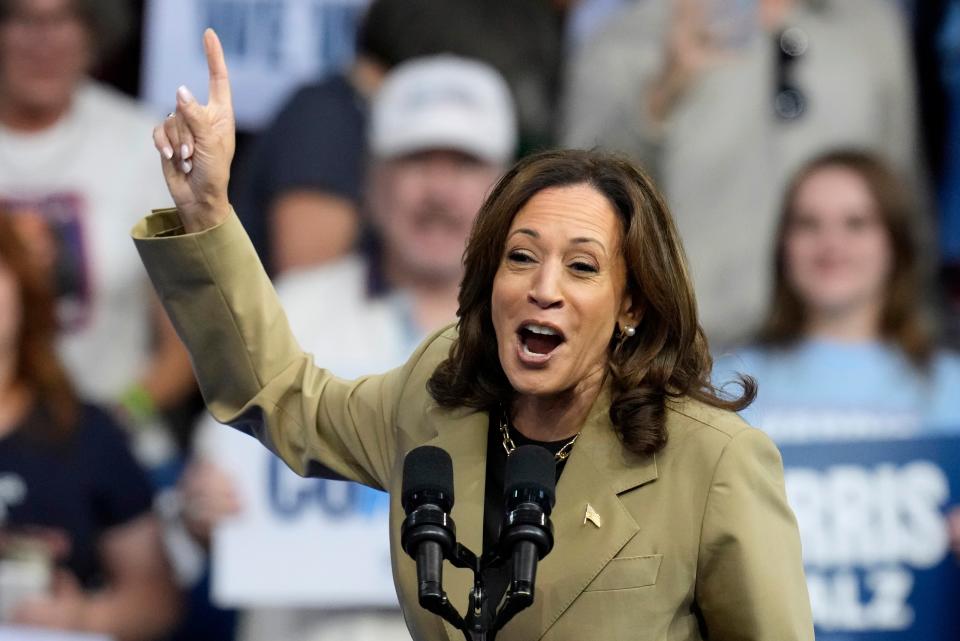 Democratic presidential nominee Vice President Kamala Harris speaks at a campaign rally at Desert Diamond Arena, Friday, Aug. 9, 2024, in Glendale, Arizona (AP)