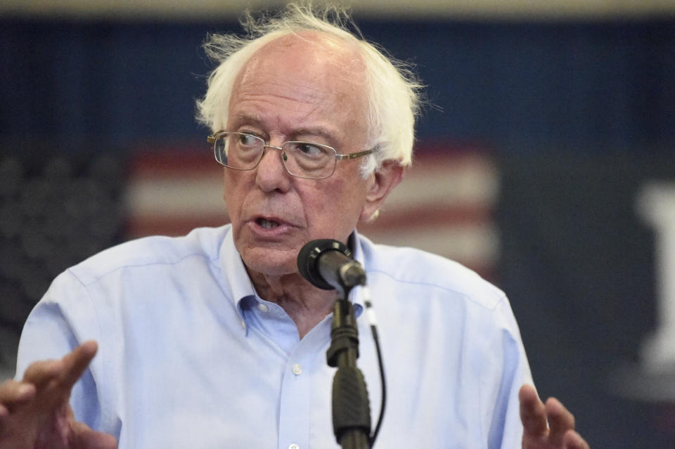 Democratic presidential hopeful Bernie Sanders looks on as panel members discuss his criminal justice reform plan during a town hall meeting on Sunday, Aug. 18, 2019, in Columbia, S.C. (AP Photo/Meg Kinnard)