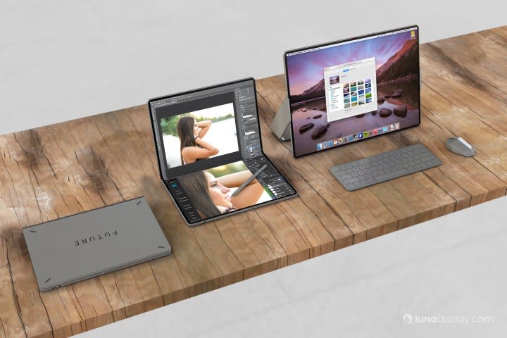 The Luna Display Concept foldable Mac shown in three stages.