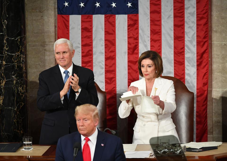 House Speaker Nancy Pelosi rips up President Donald Trump's State of the Union speech on Feb. 4, 2020.