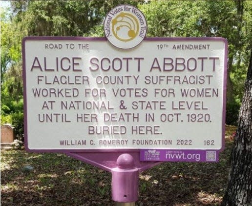 A close-up of the Road to the 19th Amendment marker installed at Alice Scott Abbott’s Final Resting Place, Espanola Cemetery, May 4, 2022.