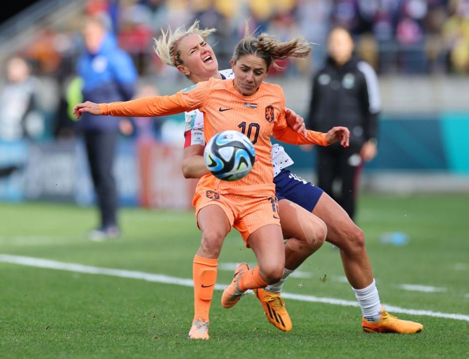 A tough tackle from Danielle Van De Donk of the Netherlands helped change the tone of the match. Lindsey Horan of the USA responded first by angrily shoving her Lyon teammate, then scoring an eventual equaliser (Getty Images)