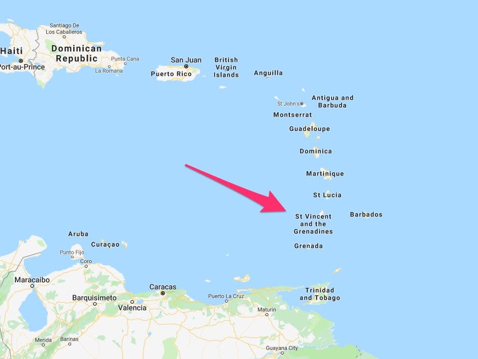 The island of Mustique pointed out on a map with a red arrow