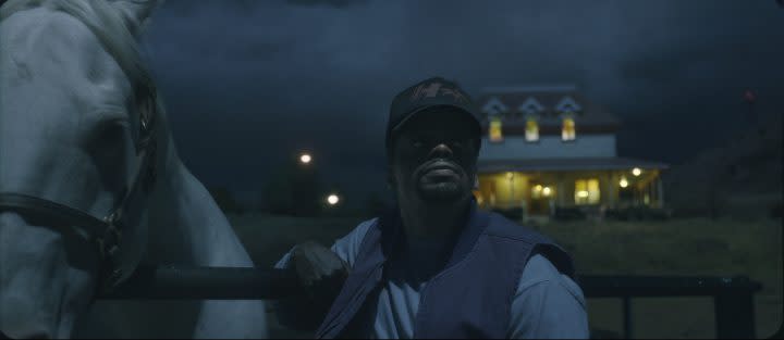 An image of Daniel Kaluuya staring at the sky at night from "Nope."