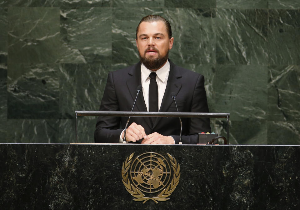El actor Leonardo DiCaprio hablando ante la audiencia, en su estatus de mensajero de paz, durante la asamblea sobre Cambio Climático en la cede de la ONU en Nueva York. Una foto de archivo de 2014. (Reuters) 