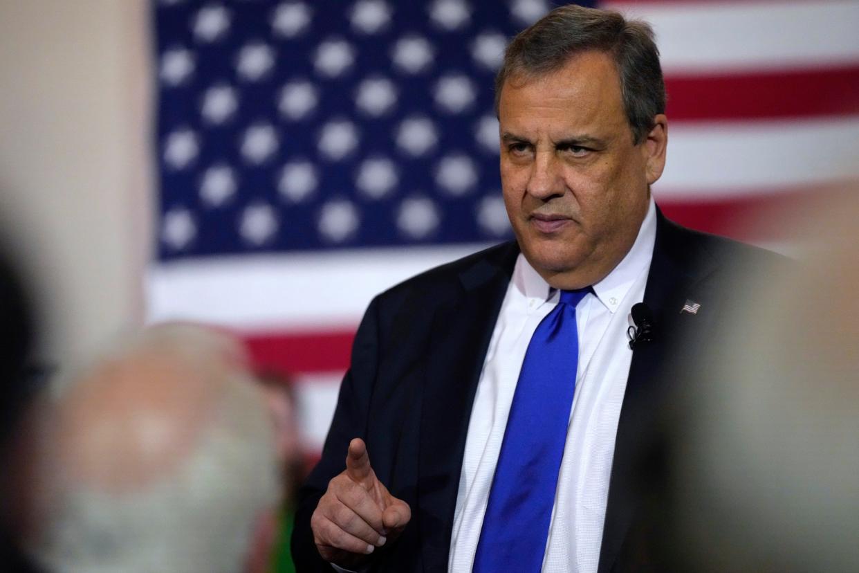 Republican presidential candidate former New Jersey Gov. Chris Christie speaks at a town hall campaign event where he announced he is dropping out of the race on Wednesday, Jan. 10, 2024, in Windham, N.H.