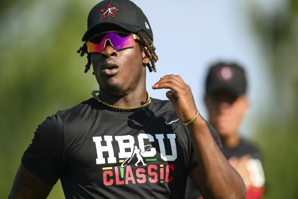 Bethune-Cookman University's Hylan Hall jogs during a workout the day before the HBCU Swingman Classic during the 2023 All Star Week, Thursday, July 6, 2023, in Seattle. (AP Photo/Caean Couto)