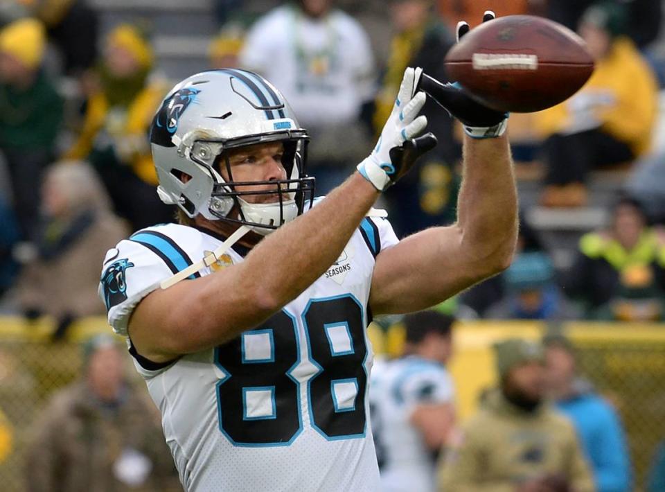 Carolina Panthers tight end Greg Olsen catches a pass during a warmup at Lambeau Field in Green Bay, WI on Sunday, November 10, 2019. The Panthers face the Green Bay Packers in NFL action.