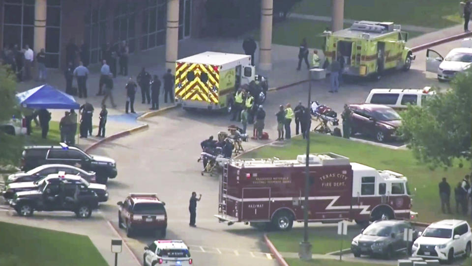 <p>In this image taken from video emergency personnel and law enforcement officers respond to a high school near Houston after an active shooter was reported on campus, Friday, May 18, 2018, in Santa Fe, Texas. The Santa Fe school district issued an alert Friday morning saying Santa Fe High School has been placed on lockdown. (Photo: KTRK-TV ABC13 via AP) </p>