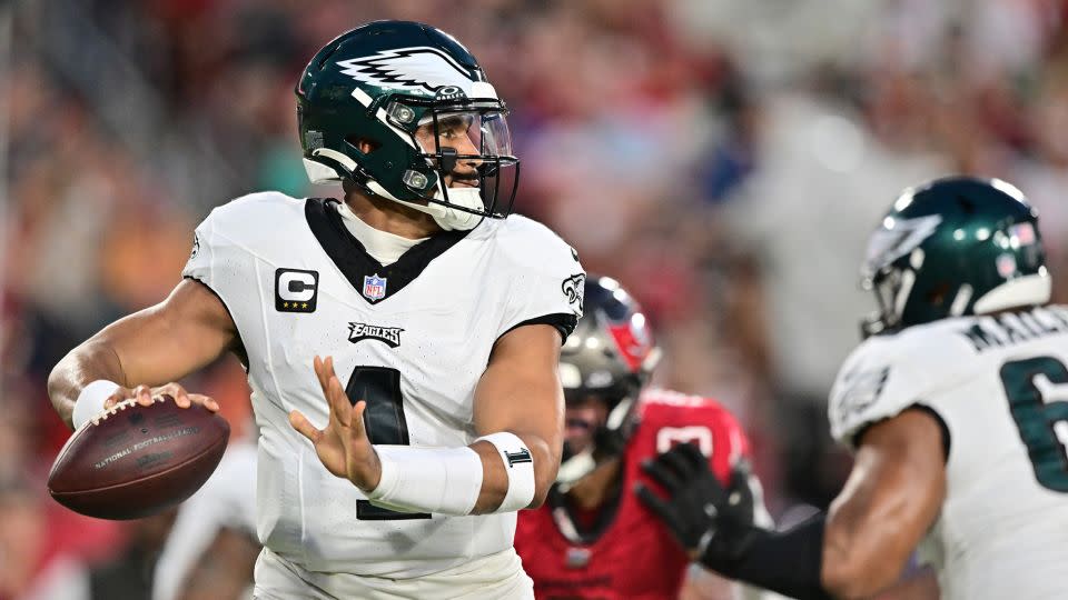 Jalen Hurts looks to pass during the second quarter against the Tampa Bay Buccaneers on September 25, 2023. - Julio Aguilar/Getty Images