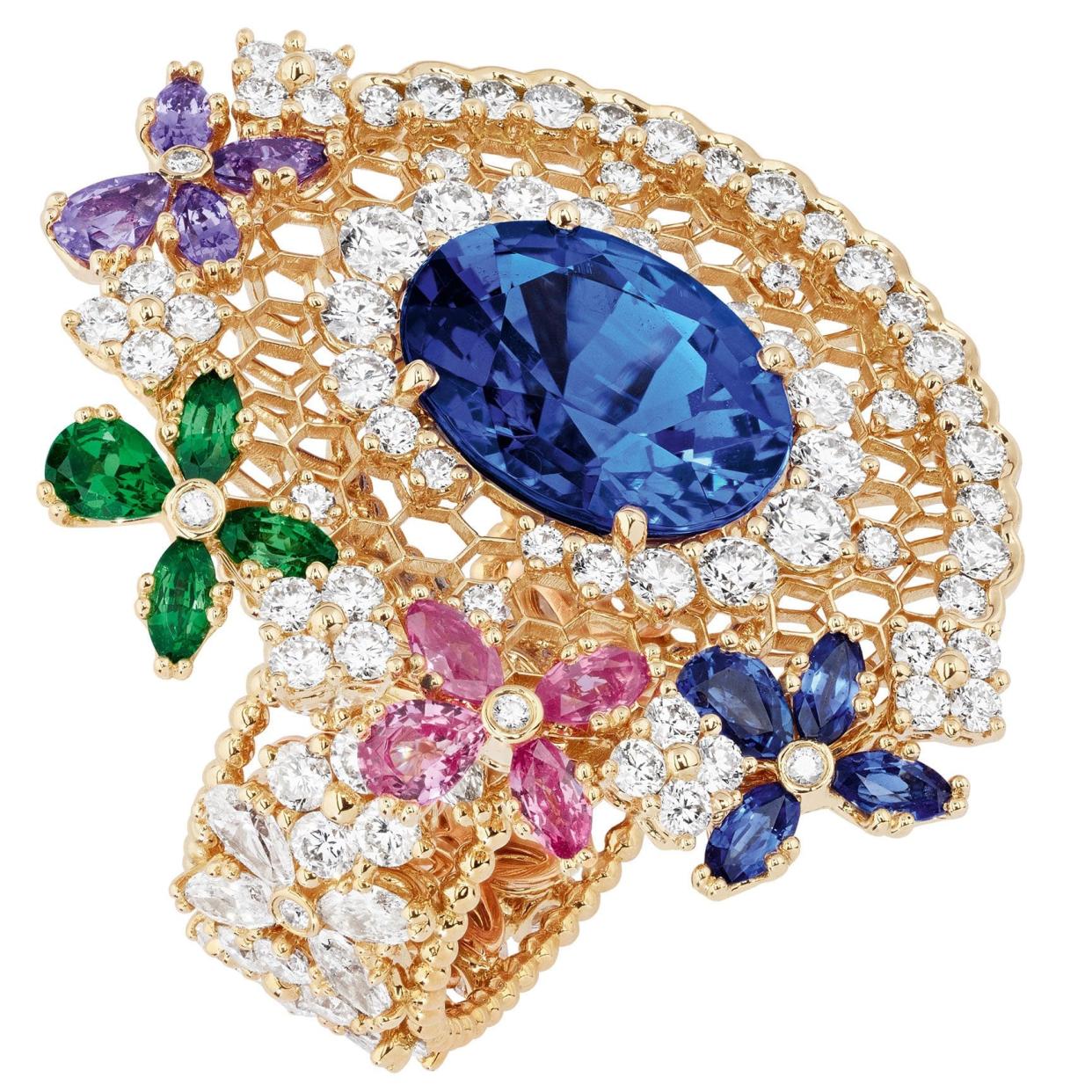 Dior yellow gold, diamond, tanzanite, sapphire, purple sapphire, tsavorite garnet and pink sapphire Dentelle Popeline ring