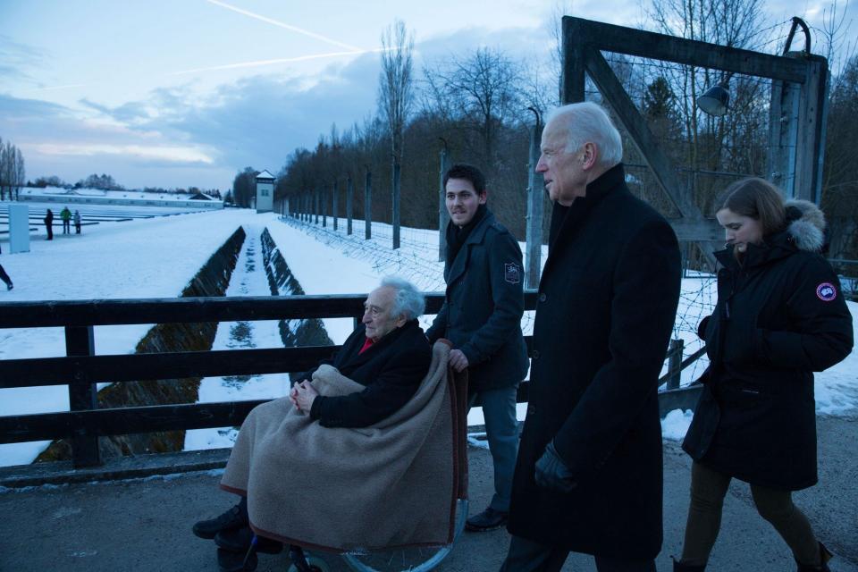 Vice President Joe Biden and granddaughter Finnegan Biden tour the Dachau Concentration camp with Max Mannheimer, a 95-year-old Holocaust survivor, in Dachau, Germany. February 8,&nbsp;2015.