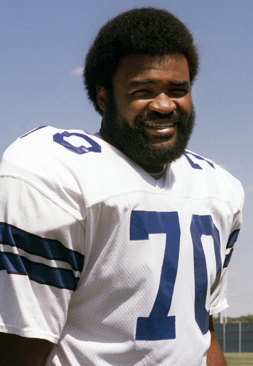 FILE - Dallas Cowboys' Rayfield Wright is shown in this September 1975 file photo. Wright, the Pro Football Hall of Fame offensive tackle nicknamed “Big Cat” who went to five Super Bowls in his 13 NFL seasons with the Cowboys, has died. He was 76. Wright's family confirmed his death Thursday, April 7, 2022, to the Pro Football Hall of Fame. (AP Photo, File)