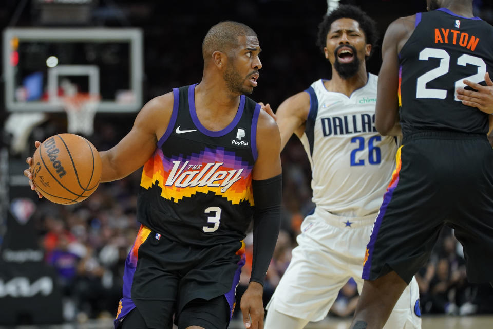 Phoenix Suns guard Chris Paul looks to pass against the Dallas Mavericks during Game 7 of the Western Conference semifinals series on May 15, 2022, in Phoenix. (AP Photo/Matt York)