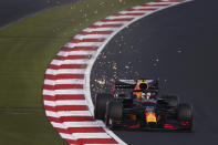 Red Bull driver Max Verstappen of the Netherlands steers his car during qualification for the Eifel Formula One Grand Prix at the Nuerburgring racetrack in Nuerburg, Germany, Saturday, Oct. 10, 2020. The Germany F1 Grand Prix will be held on Sunday. (Bryn Lennon, Pool via AP)