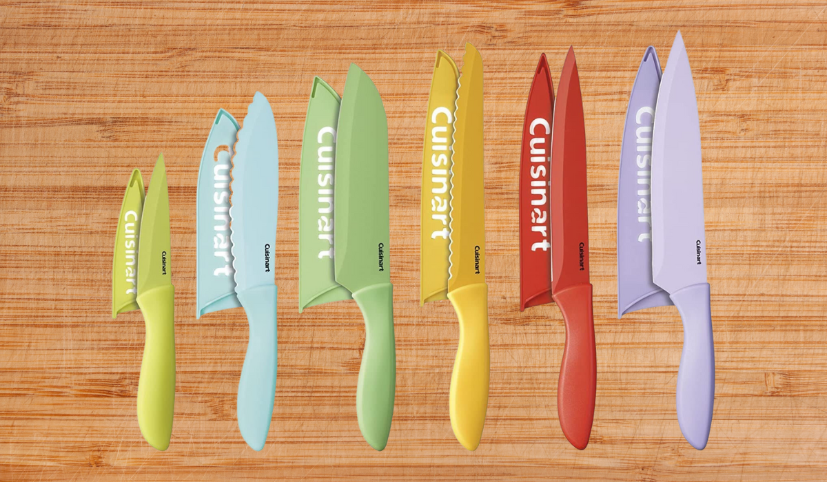 the colorful Cuisinart knife set on a wooden background