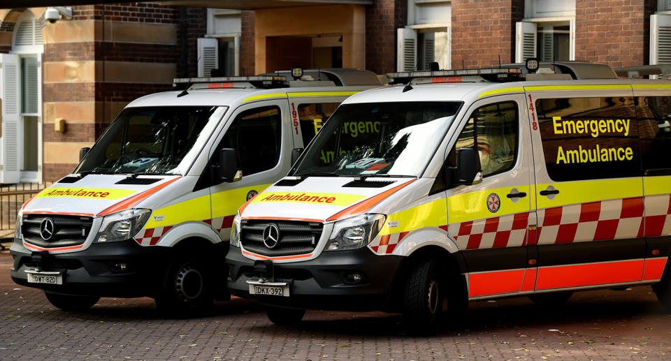 Ambulances are seen outside the Royal Prince Alfred Hospital in Sydney, Thursday, September 6, 2018. (AAP Image/Joel Carrett) NO ARCHIVING