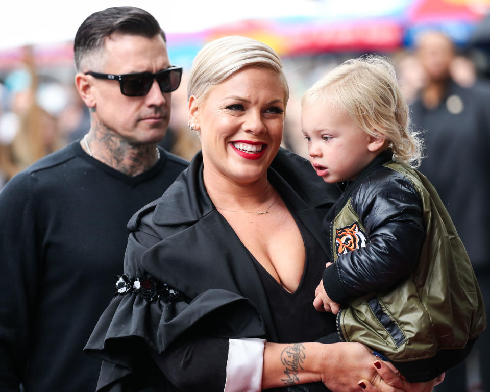 (FILE) Pink Reveals She Tested Positive For Coronavirus COVID-19 But Is Now Negative And Donates $1 Million To Fight Pandemic. She stated she was donating $1 million - $500,000 each to the Temple University Hospital Emergency Fund and the City of Los Angeles Mayor's Emergency COVID-19 Crisis Fund. HOLLYWOOD, LOS ANGELES, CALIFORNIA, USA - FEBRUARY 05: Carey Hart, wife/singer P!nk (Pink, Alecia Beth Moore) and son Jameson Moon Hart attend a ceremony honoring singer P!nk (Pink, Alecia Beth Moore) With Star On The Hollywood Walk Of Fame - Dedication of the 2,656th star on the Walk of Fame in the category of Recording on February 5, 2019 in Hollywood, Los Angeles, California, United States. (Photo by Xavier Collin/Image Press Agency/Sipa USA)