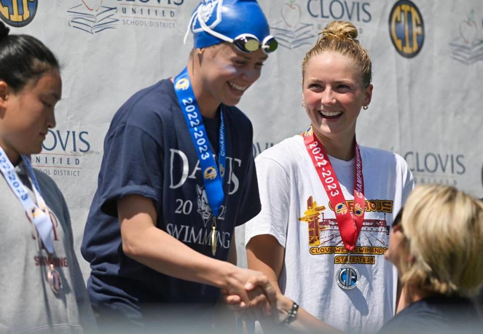 Sarah Bennetts from Davis High receives a medal at the 2023 CIF swimming and diving state championships on Saturday, May 13, 2023 in Fresno.