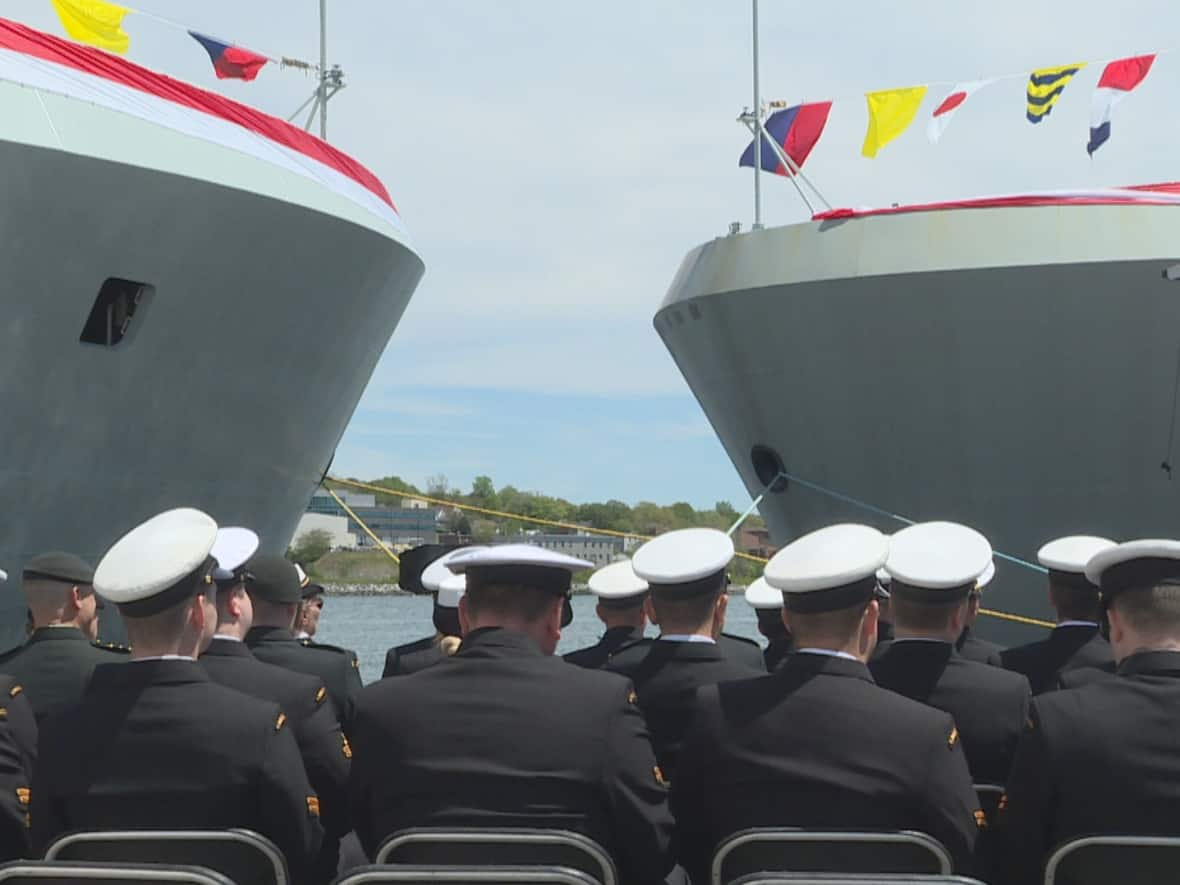 The families of two Second World War heroes were on hand to see two Arctic and Offshore Patrol Ships named after them. (Victoria Welland/CBC - image credit)