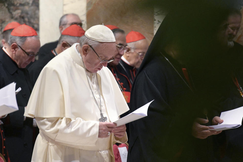 Pope Francis attends a penitential liturgy at the Vatican, Saturday, Feb. 23, 2019. The pontiff is hosting a four-day summit on preventing clergy sexual abuse, a high-stakes meeting designed to impress on Catholic bishops around the world that the problem is global and that there are consequences if they cover it up. (Vincenzo Pinto/Pool Photo Via AP)