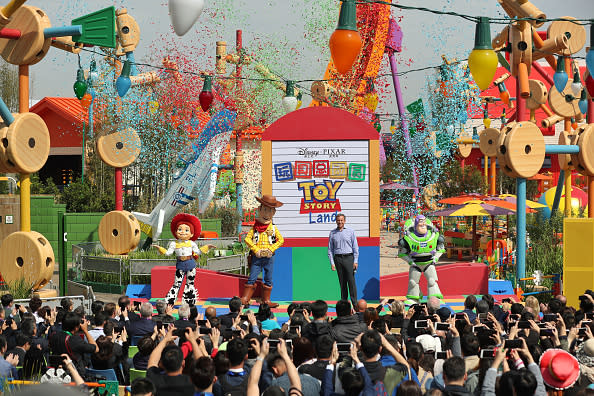 Tourists enjoy themselves at Disney Pixar Toy Story Land as part of Shanghai Disney Resort on April 26, 2018 in Shanghai, China. Based on Pixar’s Toy Story characters, Disney Pixar Toy Story Land featuring three new attractions opens to the public as Shanghai Disneyland’s seventh land. (Photo by Zhang Hengwei/China News Service/VCG via Getty Images)