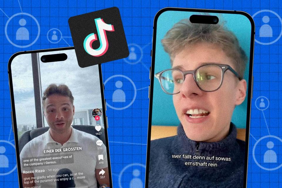 TIktoker "Levihallo" (rechts) teilt auf Tiktok gegen die Network-Marketing-Szene aus, Rocco Rizzo (rechts) hält dagegen. - Copyright: TikTok / levihallo / Getty Images / Mara Yagmur Roozendaal