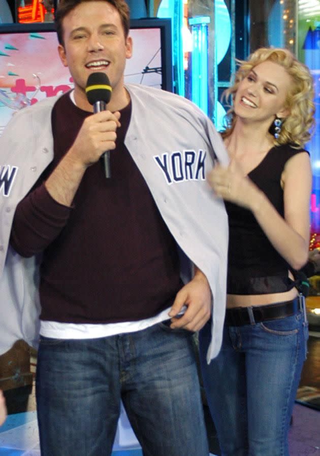 Ben and Hilarie goofing around on the MTV set. Source: Getty
