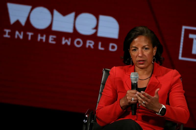 FILE PHOTO: Former National Security Advisor and U.S. Ambassador to UN Susan Rice, speaks on stage at the Women In The World Summit in New York