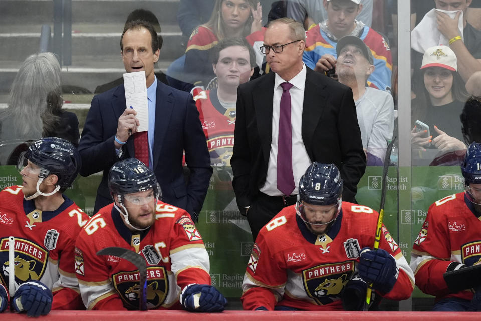 Florida Panthers head coach Paul Maurice stands during the first period of Game 5 of the NHL hockey Stanley Cup Finals against the Edmonton Oilers, Tuesday, June 18, 2024, in Sunrise, Fla. (AP Photo/Rebecca Blackwell)