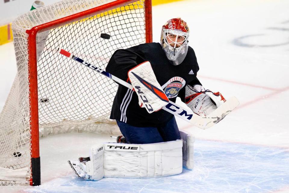 Florida Panthers goalie Sergei Bobrovsky (72) blocks a shot during training camp in preparation for the 2021 NHL season at the BB&T Center on Wednesday, January 13, 2021 in Sunrise.