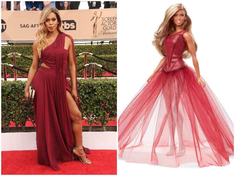 Laverne Cox in real life wearing a red dress (left) and as a Barbie.