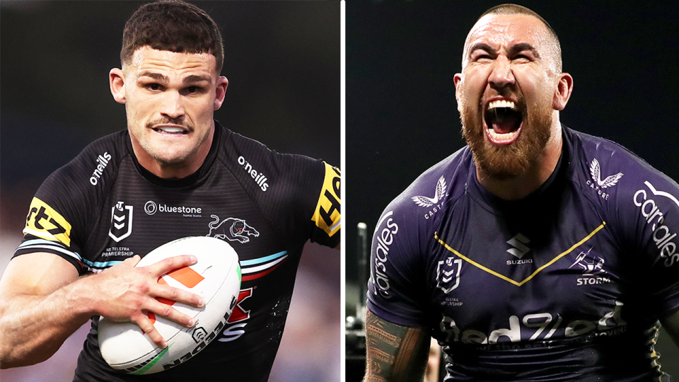 Nathan Cleary runs the ball and Nelson Asofa-Solomona celebrating.