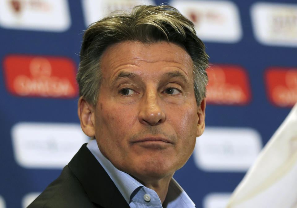 FILE - In this May 2, 2019, file photo, IAAF President Sebastian Coe attends a press conference ahead of the Doha IAAF Diamond League in Doha, Qatar. Officials of track and field’s world governing body - the IAAF - said before a news conference on Friday, May 10, 2019, in Japan that president Sebastian Coe would not comment further on the landmark legal case involving two-time Olympic gold-medal winner Caster Semenya. (AP Photo/Kamran Jebreili, File)