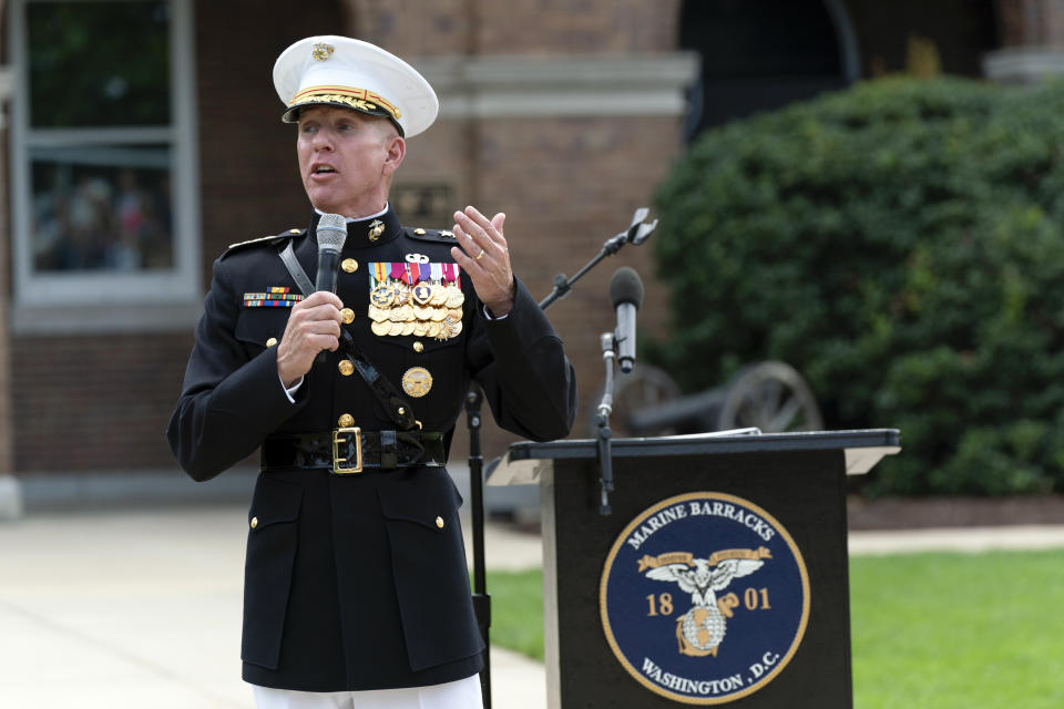 Acting Commandant of the U.S. Marine Corps Gen. Eric Smith speaks during a relinquishment of office ceremony for U.S. Marine Corps Gen. David Berger on Monday, July 10, 2023, at the Marine Barracks in Washington. Smith has been nominated to be the next leader, but will serve in an acting capacity because he hasn't been confirmed by the Senate. Berger's term as Commandant of the U.S. Marine Corps expired Monday. (AP Photo/Manuel Balce Ceneta)