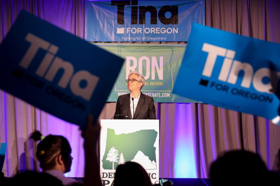 Gubernatorial hopeful Tina Kotek speaks to supporters during an election night party in Portland, Oregon, on Tuesday, Nov. 8, 2022.