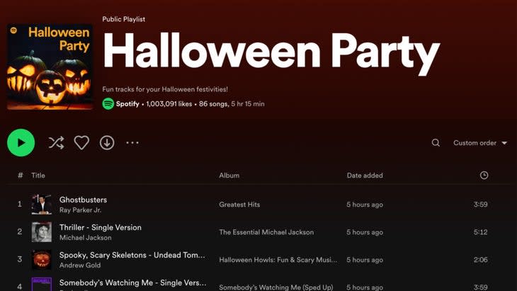 Halloween playlist from Spotify called "Halloween Party" with classic spooky songs