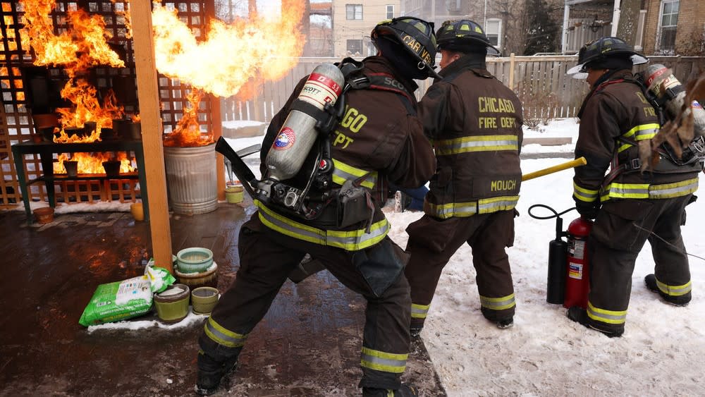  Jake Lockett as Sam Carver, Christian Stolte as Randy "Mouch" McHolland  in Chicago Fire season 12. 