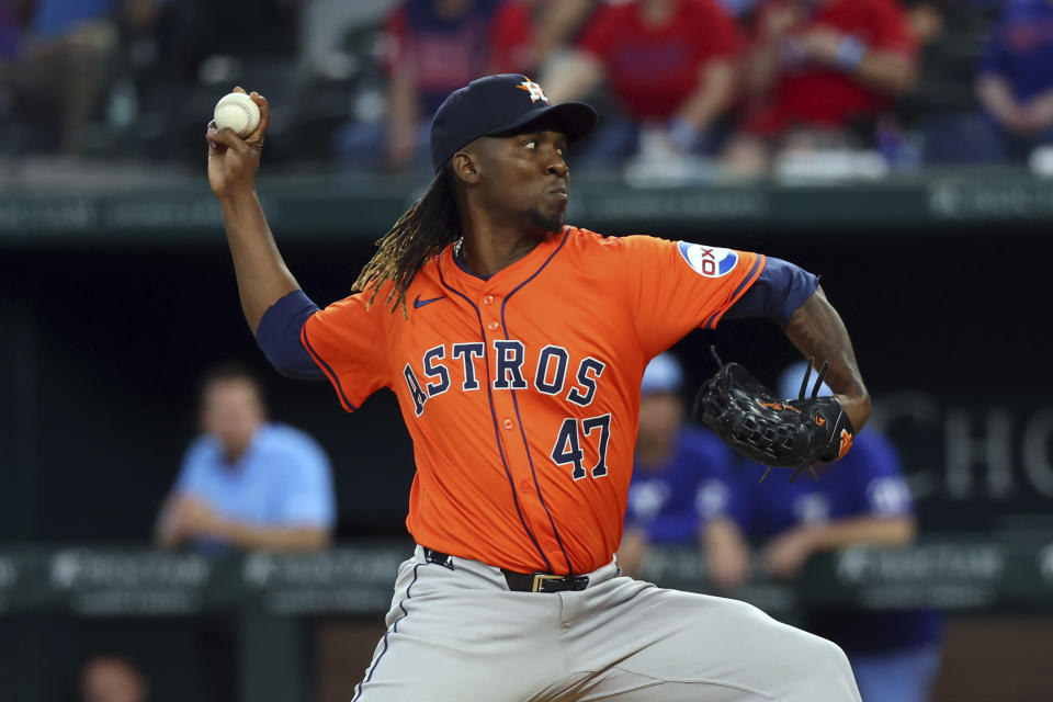 Houston Astros pitcher Rafael Montero (47) delivers in the seventh inning of a baseball game against the Texas Rangers Sunday, April 7, 2024, in Arlington, Texas. (AP Photo/Richard W. Rodriguez)