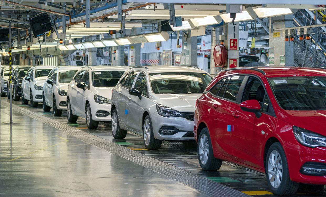 File photo dated 06/07/21 of the Astra assembly line at Vauxhall's plant in Ellesmere Port, Cheshire. The new car market has recorded its longest period of year-on-year growth since 2015, new figures show. The Society of Motor Manufacturers and Traders said registrations increased by 16.7% in May, which was the 10th consecutive monthly rise. Despite the boost, sales are 21% down on pre-coronavirus levels in 2019. Issue date: Monday June 5, 2023.