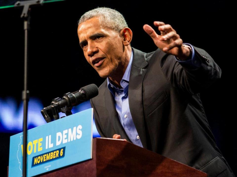 Former President Barack Obama speaks during a Get Out The Vote rally to campaign for Illinois gubernatorial candidate J.B. Pritzker in Chicago (AP)