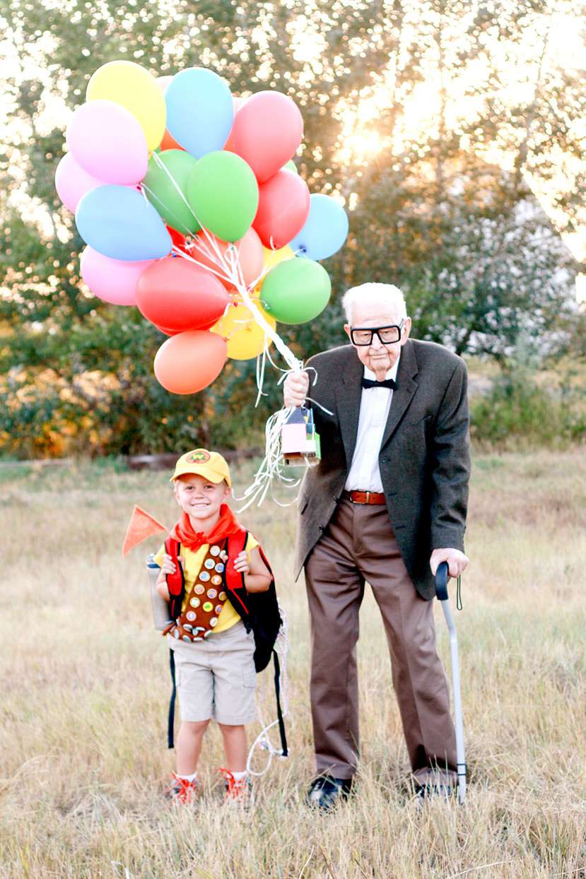 young boy with his great grandpa, dress as UP characters