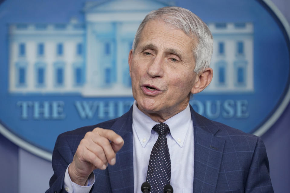 FILE - Dr. Anthony Fauci, director of the National Institute of Allergy and Infectious Diseases, speaks during the daily briefing at the White House in Washington on Dec. 1, 2021. On Thursday, Dec. 23, The Associated Press reported on stories circulating online incorrectly claiming Fauci’s sister “Angelique Fauci” published a book on the omicron variant of the coronavirus the same week it was discovered. (AP Photo/Susan Walsh, File)