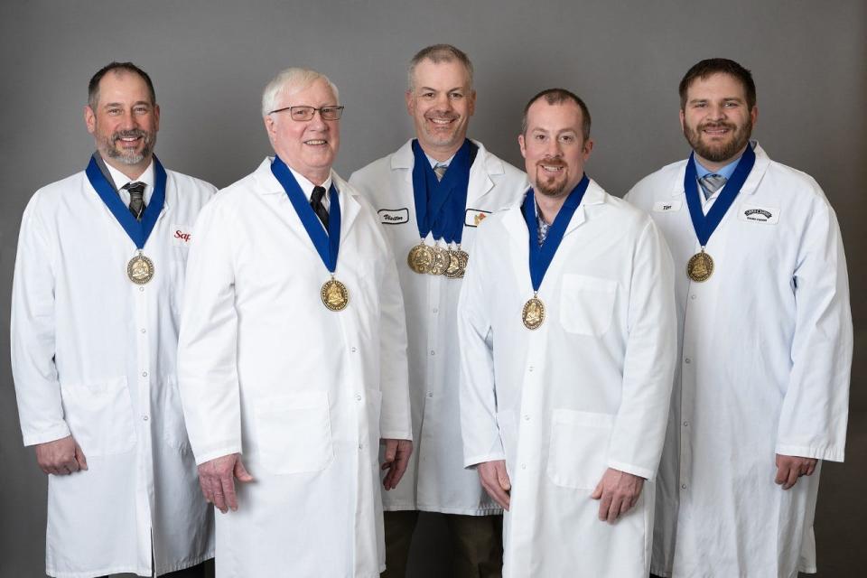 The Master Cheesemakers in the 2023 class are (from left): Kirk Auchue of Saputo, Tony Hook of Hook's Cheese, Ryan LaGrander of LaGrander's Hillside Dairy, Ben Shibler of Ron's Wisconsin Cheese and Timothy Stearns of Land O'Lakes.