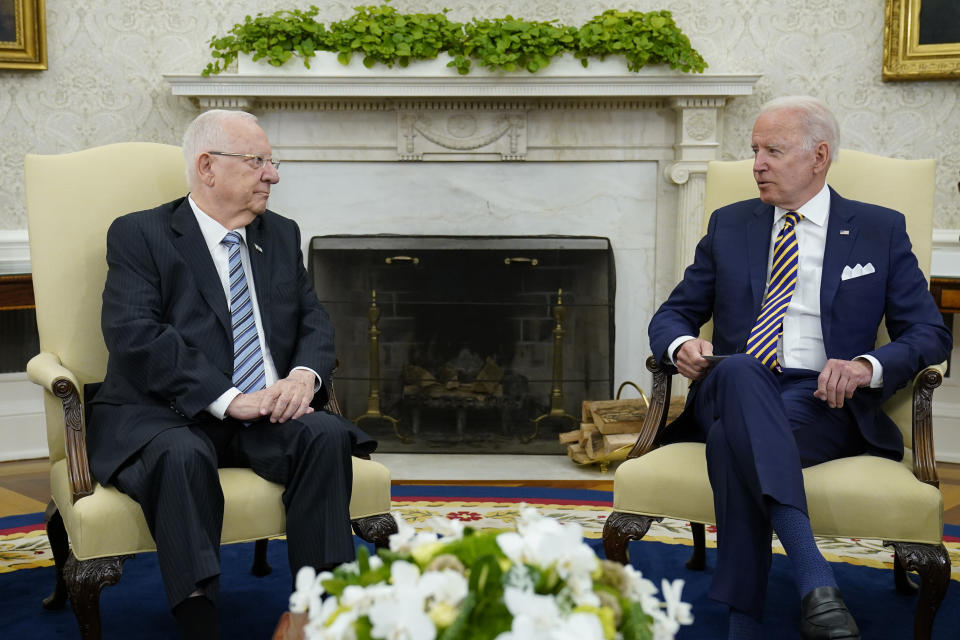 President Joe Biden meets with Israeli President Reuven Rivlin in the Oval Office of the White House in Washington, Monday, June 28, 2021. (AP Photo/Susan Walsh)