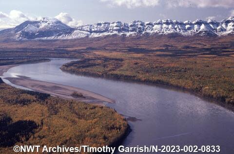 Looking upstream to the southwest on the Liard River with Nahanni Butte in the distance. 