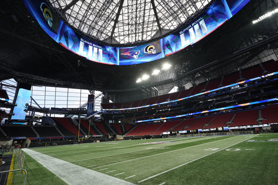 Mercedes-Benz Stadium is shown during a tour for the NFL Super Bowl 53 football game Tuesday, Jan. 29, 2019, in Atlanta. (AP Photo/David J. Phillip)